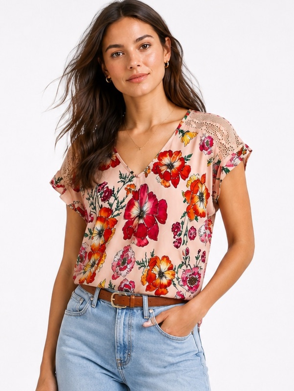 Express Pink Floral Lace Shoulder V Neck Blouse Top Large